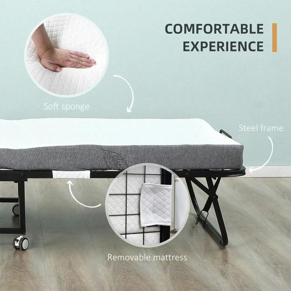 Removable mattress folding guest bed with gray foam top, black metal frame, and caster wheels