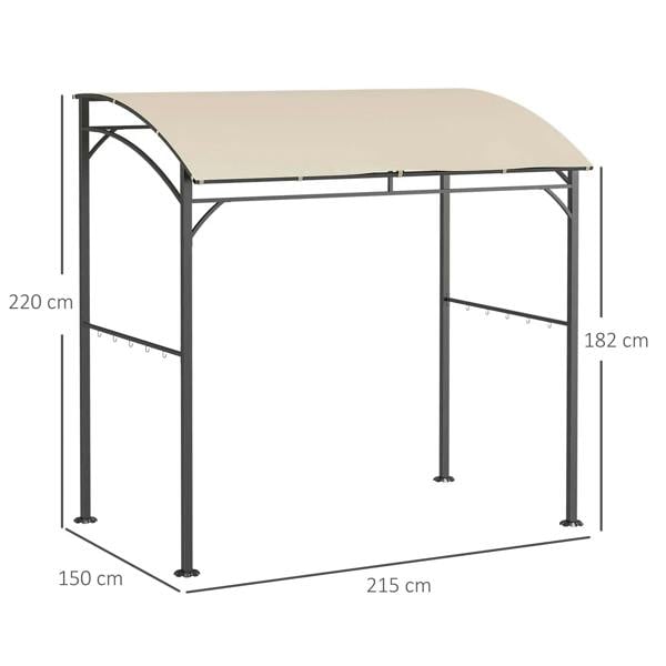 Beige BBQ grill gazebo tent with curved canopy and metal frame, size 215x150 cm