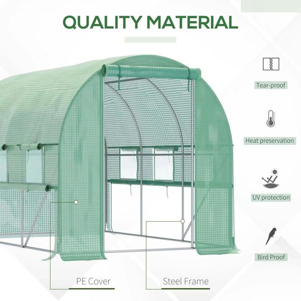 Green walk-in polytunnel greenhouse with steel frame and UV-protective PE cover