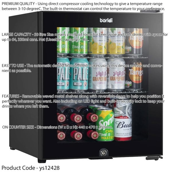 50L Tabletop Beer & Drinks Mini Fridge - 64x 330ml Cans Worktop Cooler BLACK - LoopsDirect