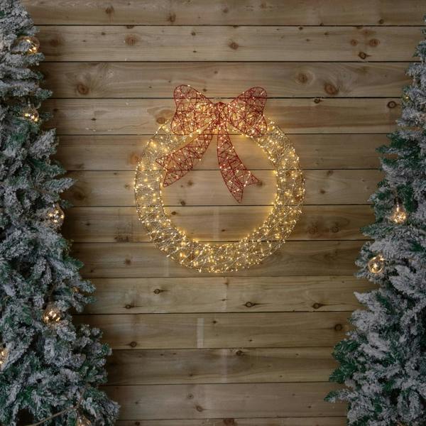 Samuel Alexander 70cm Light Up Christmas Wreath with 750 Warm White LEDs, Timer & Red Bow