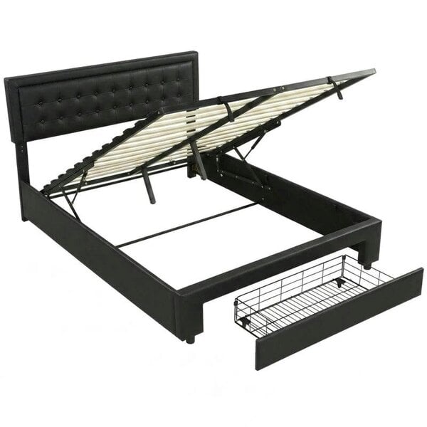 PU Leather King Size Ottoman Bed Frame, with Front Drawer - Black