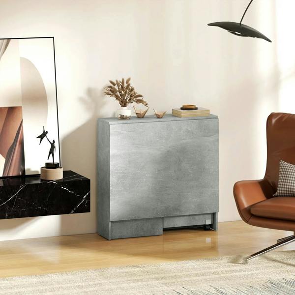 Grey folding drop-leaf dining table with two-tier shelf in an indoor living space