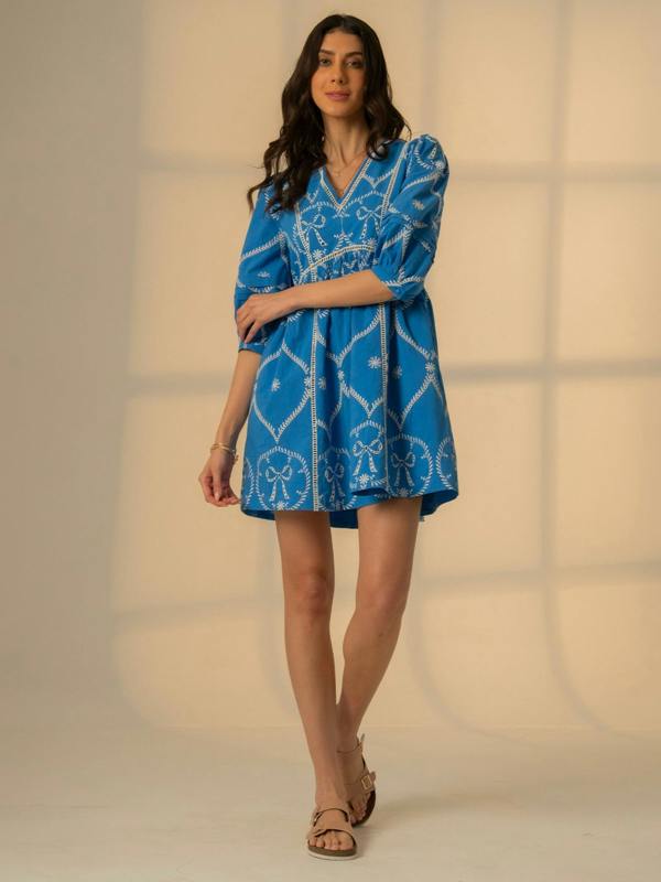 Rose & Nancy Charlie Embroidered Bow Blue Mini Dress&nbsp;