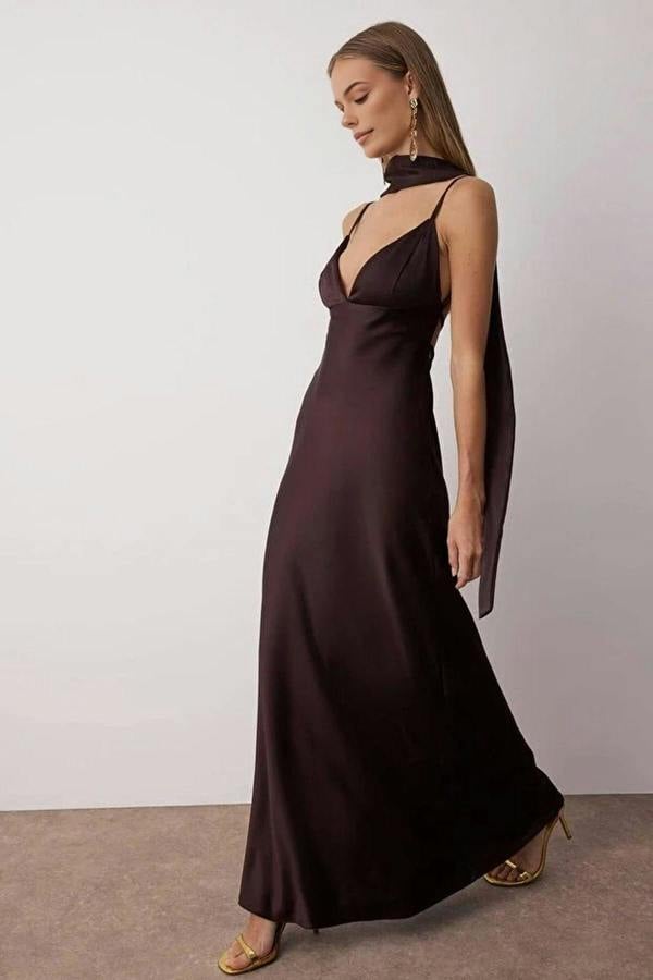 WOVCOR Scarf Detail Satin Maxi Dress with Strappy Design