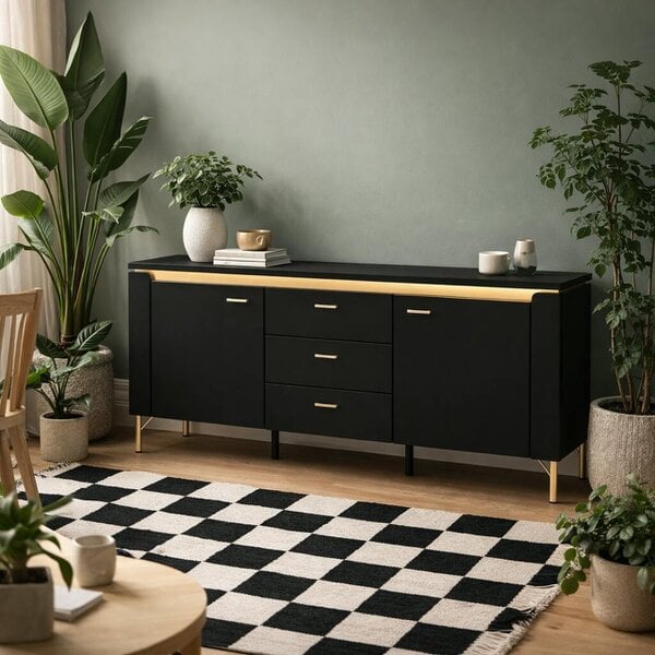 Wyld Haus Marslet 155cm Black and Gold TV Cabinet 2 Door 3 Drawer with LED Lights
