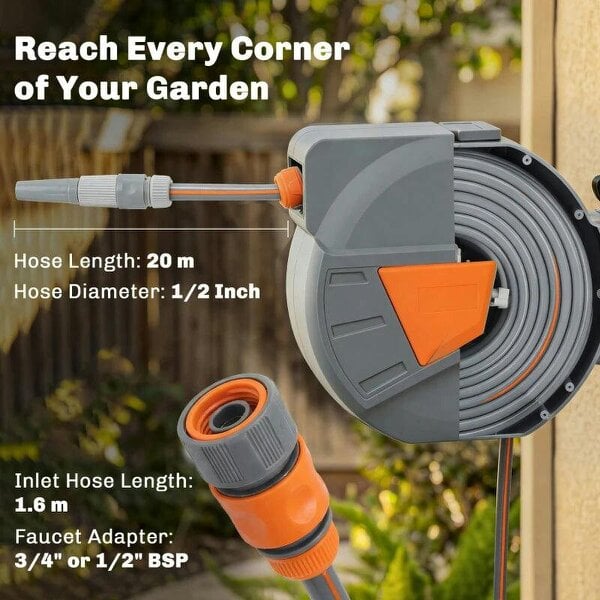 Bobobiy Retractable Hose Reel Wall Mounted, 20+1.6m Garden Hose Pipe Reel with Auto Retraction, Self-Locking, Orange