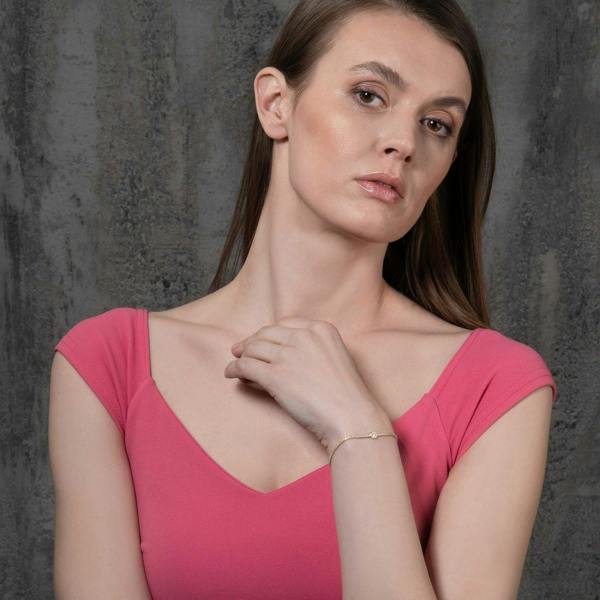 Gold Plated Skinny Tennis Bracelet with a Heart Shaped Stone - namana.london