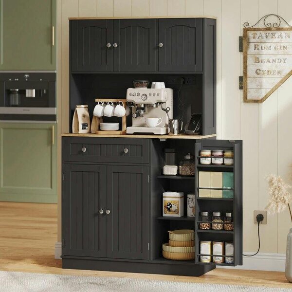 173 cm Tall Kitchen Cupboard with Charging Station, Pantry Storage Cabinet with Adjustable Shelves and 4 Door Racks - Black
