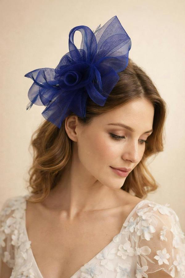 Folded Bow Fascinator with Tipped Feathers in Royal Blue - svnx