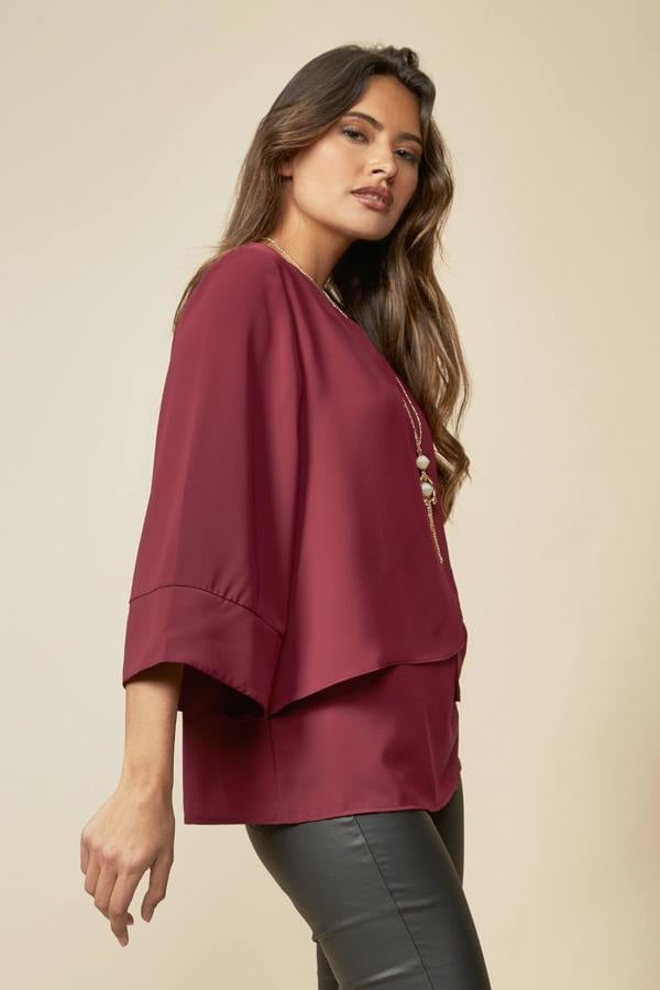 Hoxton Gal Layered Top With 3/4 Sleeves in Burgundy with Necklace
