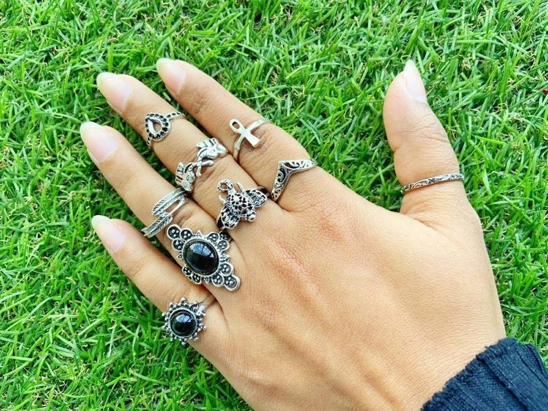 The Colourful Aura 9 Piece Bohemian Stackable Beach Midi Tribal Vintage Ring Set