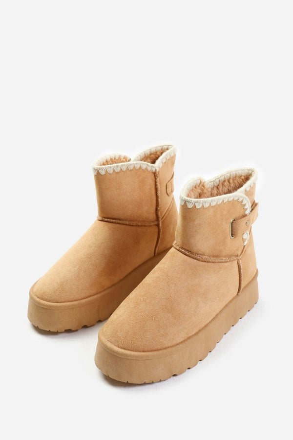 Where's That From Calla Flatform Fur Lining Ankle Boot With Velcro Fastening In Chestnut Suede