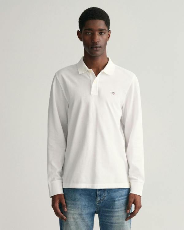 GANT Mens Regular Fit Long Sleeve Shield Logo Pique Rugger - 110 White - CHO - Designer Mens Long Sleeve Polo Shirts