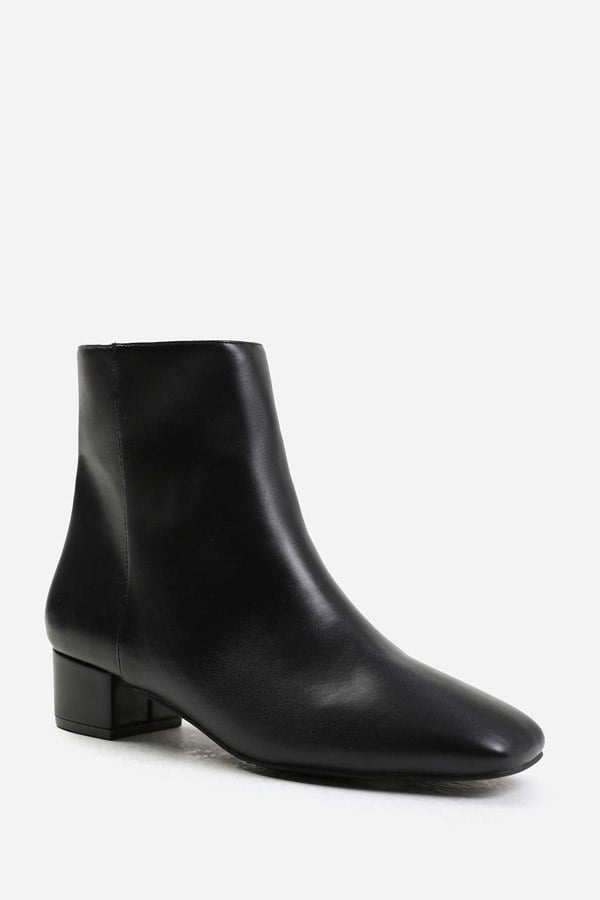 Where's That From Philadelphia Wide Fit Low Block Heel Ankle Boot With Side Zip in Black Faux Leather