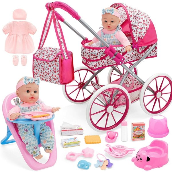 deAO Toys Deluxe Baby Doll Pram Playset – 18PCS Role-Play Set with Stroller, Feeding Chair, Accessories & Realistic Doll for Kids 3+