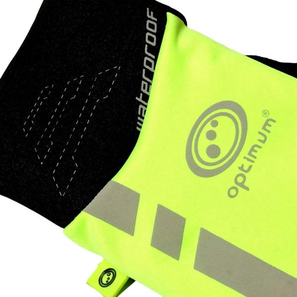 Close-up of Optimum NiteBrite glove fluro yellow back with reflective logo and strip, waterproof label, on white - Optimum
