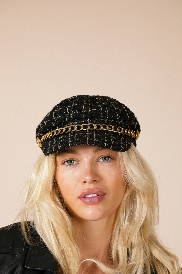 SVNX Tweed Baker Boy Hat In Black