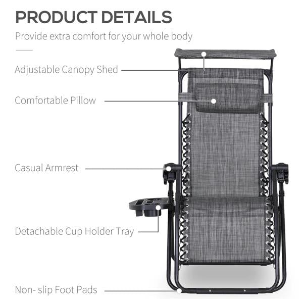 Grey reclining lounge chair with adjustable canopy shade and detachable cup holder tray