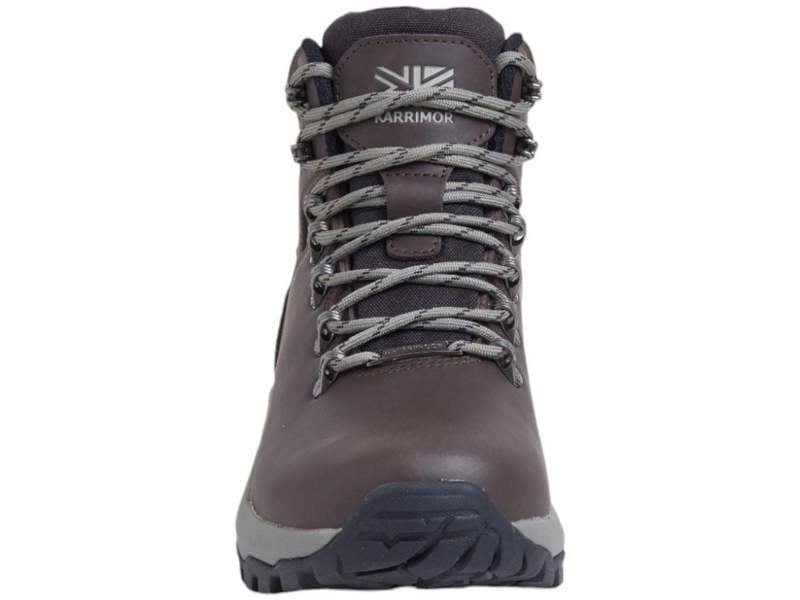Karrimor Mendip 4 Womens Waterproof Hiking Trekking Ankle Boots, front view of a brown waterproof hiking boot with grey laces and rugged sole for outdoor trekking.
