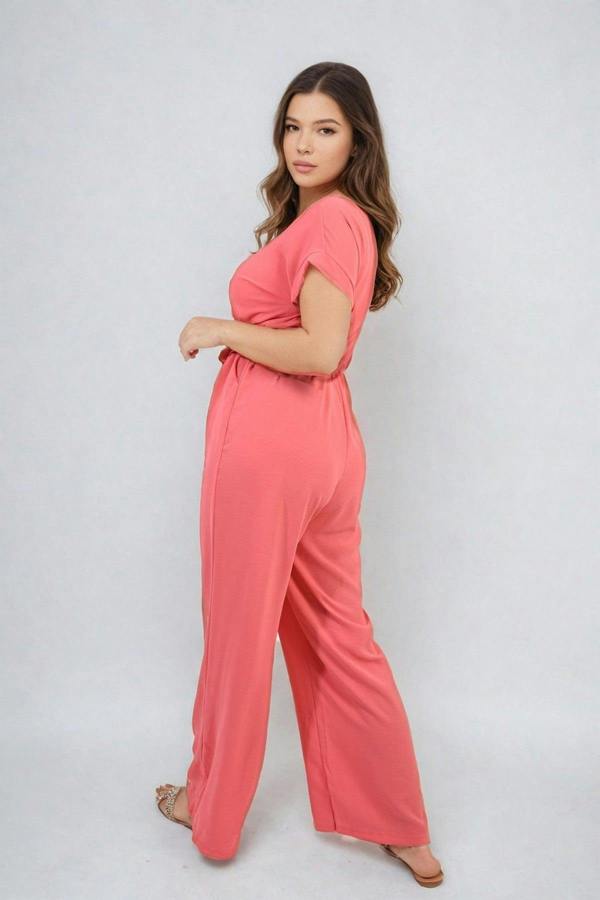 Alessandra Belted V Neck Jumpsuit With Side Pockets - Coral