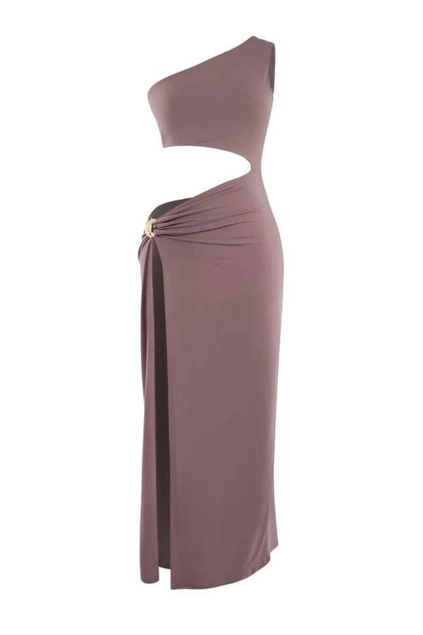 WOVCOR Knitted Maxi Draped One-Shoulder Beach Dress with Accessories