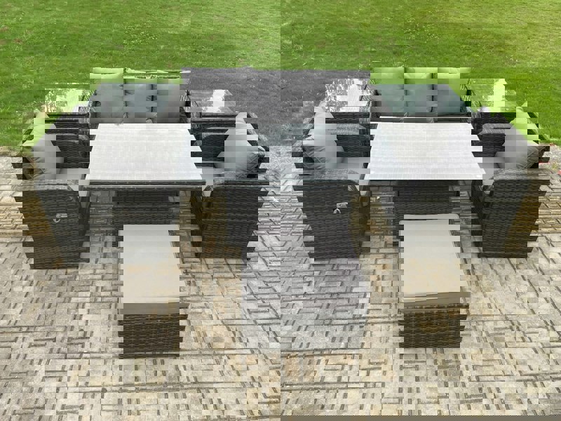 Fimous Wicker PE Rattan Outdoor Garden Furniture Set Height Adjustable Rising lifting Dining Table With Armchair 2 Side Tables Footstool