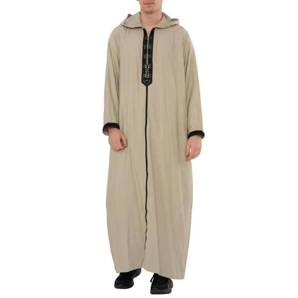 Men's Hooded Gandoura Embroidery Moroccan Thobe - Grey - Thobez - 14
