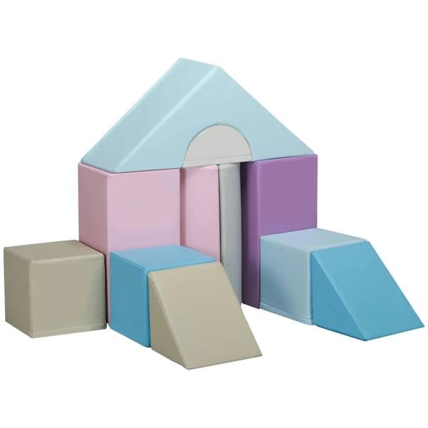 Foam block climbing set with house shelter and padded blocks, blue, purple, beige.