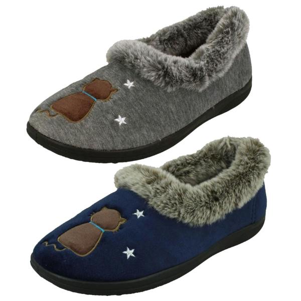 Padders Ladies Padders Slippers With Cats Motifs With A Faux Fur Trim Anna