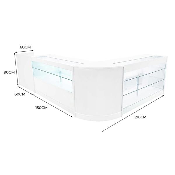 Vega LED Shop Counter Set in white features a sleek, modern design with glass display shelves and curved edges, measuring 210cm x 90cm x 60cm
