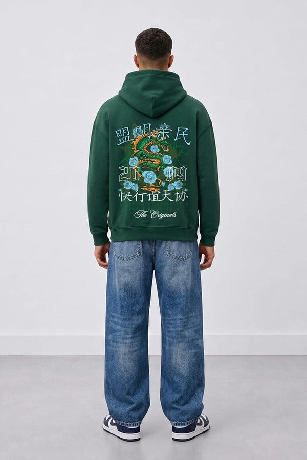 London Attitude Relaxed Fit Dragon Graphic Hoodie - Glazed Green