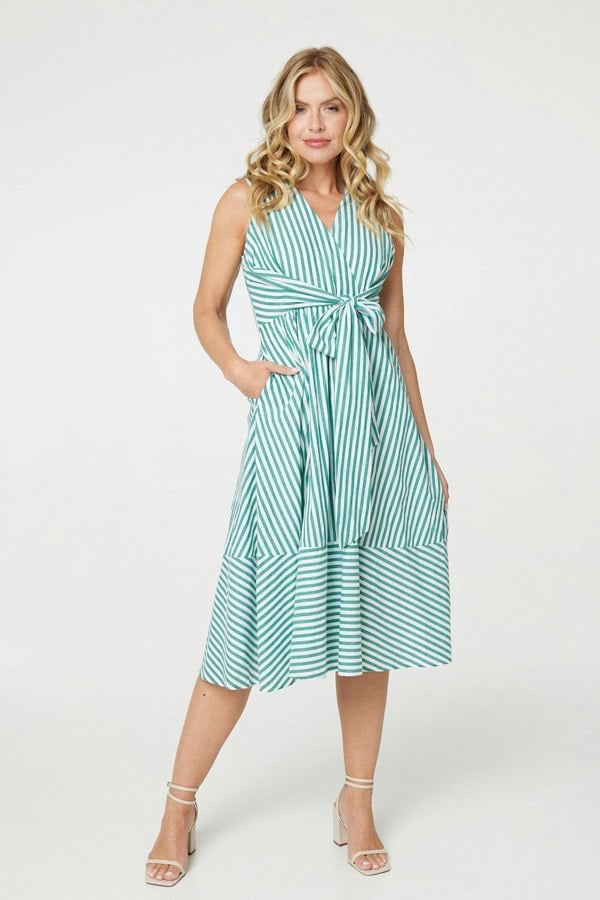 Green | Striped Tie Waist Tiered Midi Dress : Model is 5'10"/178 cm and wears UK8/EU36/US4/AUS8
