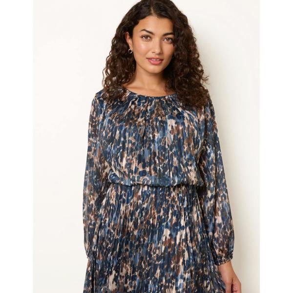 Blue Vanilla Metallic Leopard Print Pleated Scoop Pleated Dress
