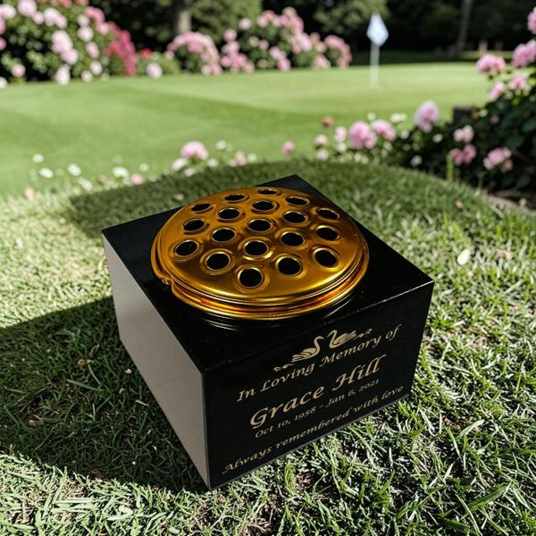 Memorials Direct Granite Memorial Vase with Swan Design 1, Free Personalised Gold Engraving, Solid Granite 6 x 6 x 4 Inches