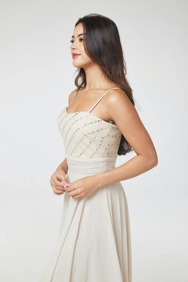LuvForever Nude Sequin Asymmetric Long Dress