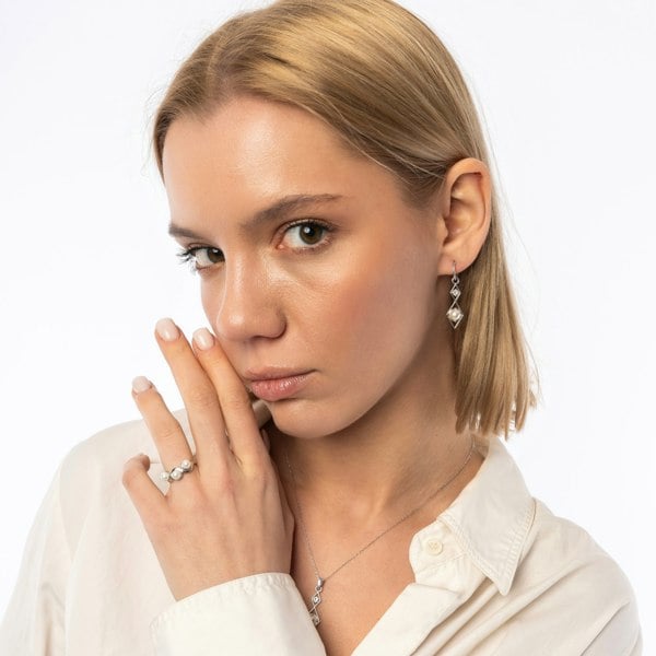Spero London Sterling Silver Rhombus 3D Pearl Earrings