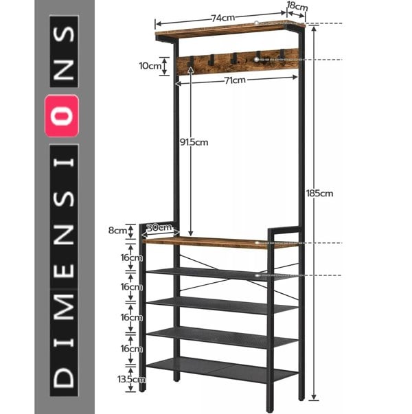 Modcraft Entryway Coat Rack Stand with Shoe Storage Shelves – Industrial Hallway Organiser