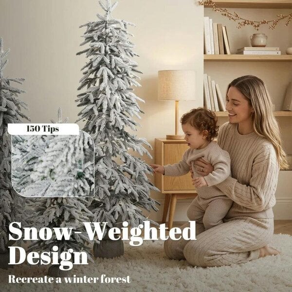 Bobobiy Prelit Flocked Artificial Christmas Tree Set of 3 Snowy Xmas Tree Warm White LED Lights (3FT+4FT+5FT)