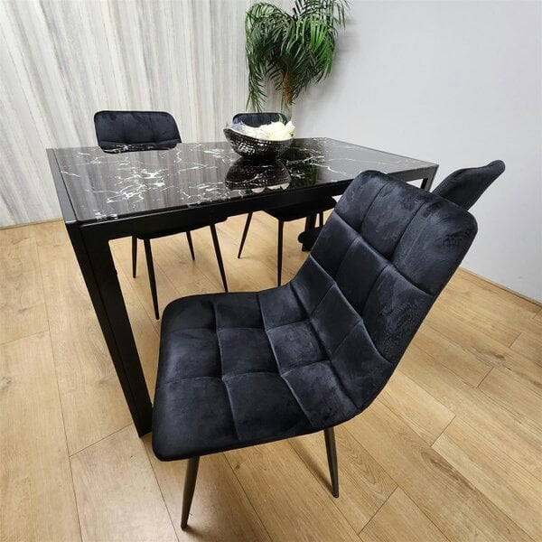 Kosy Koala Dining Table and 4 Chairs Black Marble Effect Glass 4 Velvet Black Chairs Dining Room Furniture