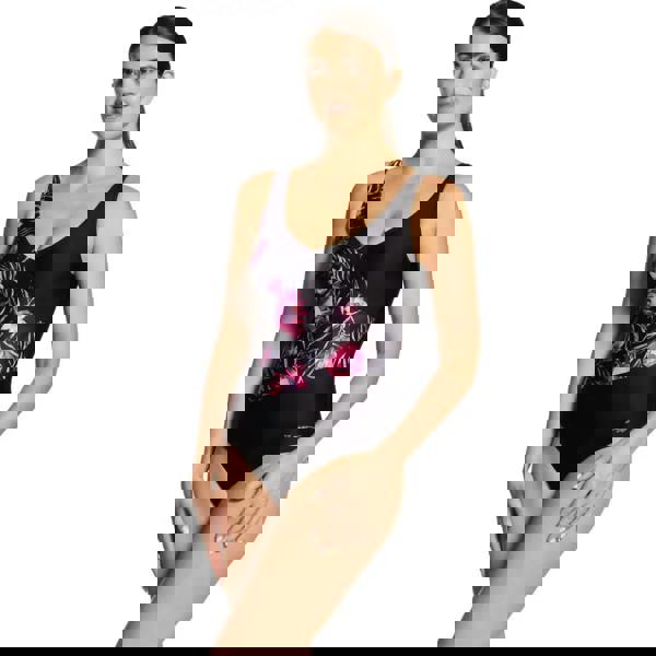 Zoggs Safari Leaf black one-piece swimsuit with pink floral print, V-neck and low leg