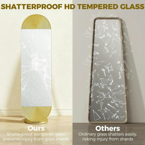 50 x 161 cm Wavy Full Length Mirror, Free Standing Mirror with Metal Frame and Solid Base, Gold Tone