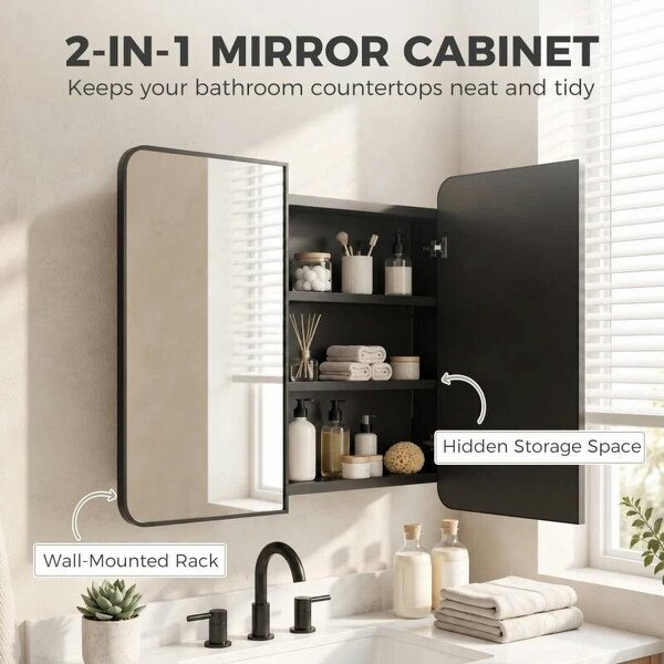 76.2 x 11.6 x 61 cm Bathroom Mirror Cabinet, Wall Cabinet with Adjustable Shelves, Wall-Mounted or Recessed, Black