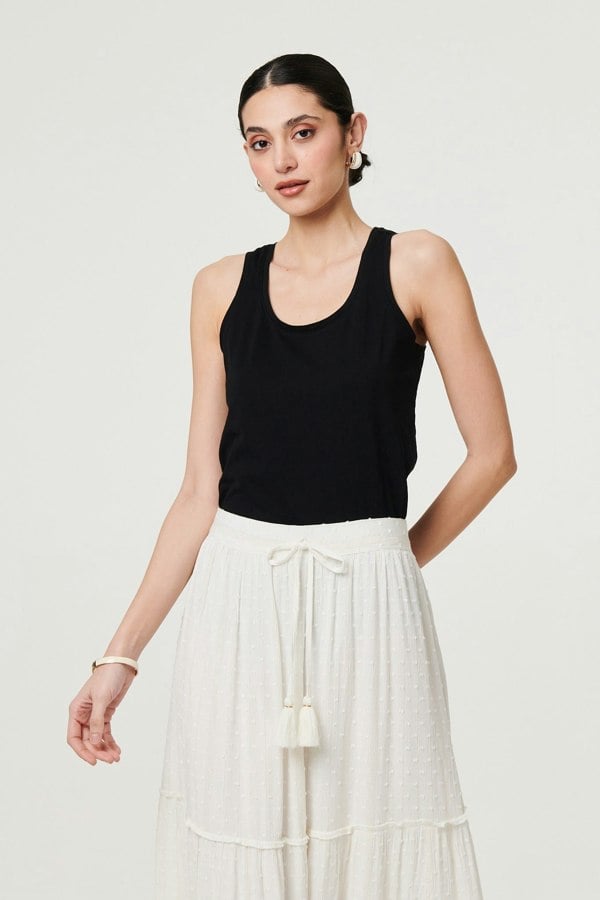 White | Textured High Waist Tiered Maxi Skirt
