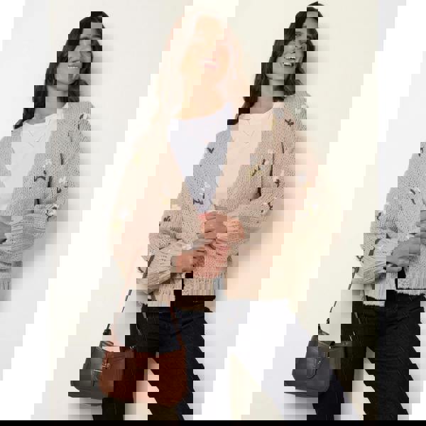 Blue Vanilla Flower Embroidery Detailed Cardigan - Stone