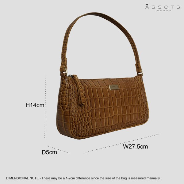 Assots London 'ZARA' Dark Mustard Croc Real Leather Baguette Shoulder Bag
