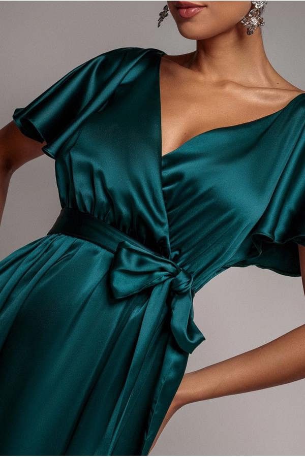 Satin Flutter Sleeve Wrap Maxi Dress - Emerald Green DR3640