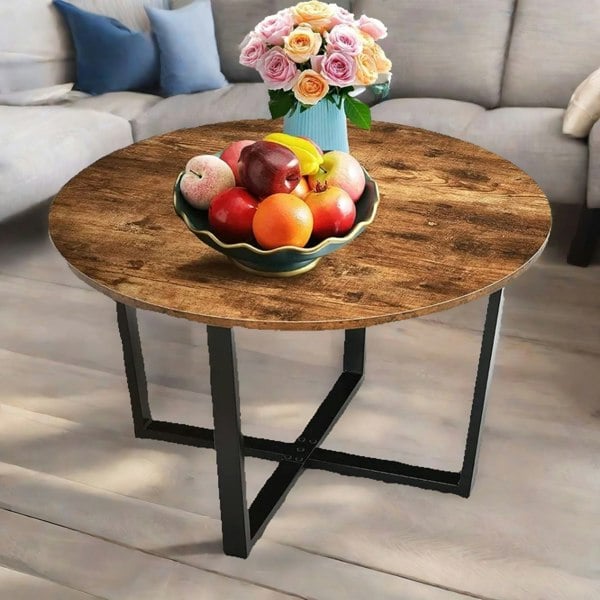 Rafaelo Mobilia Industrial 80CM Round Coffee Table Rustic Brown