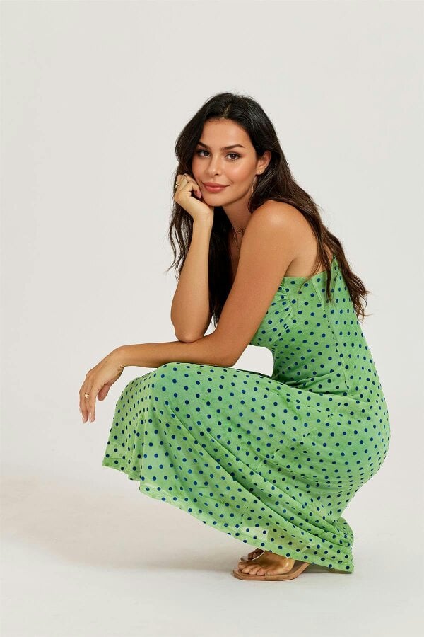 FS Collection Mottled Effect Devore Polka Dot Mesh Cami Midi Dress In Green