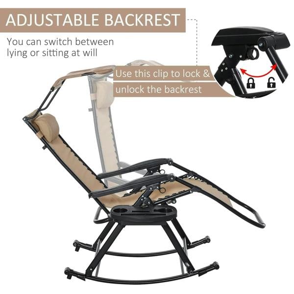 Beige adjustable-back rocking sun lounger chair with headrest and backrest locking clip